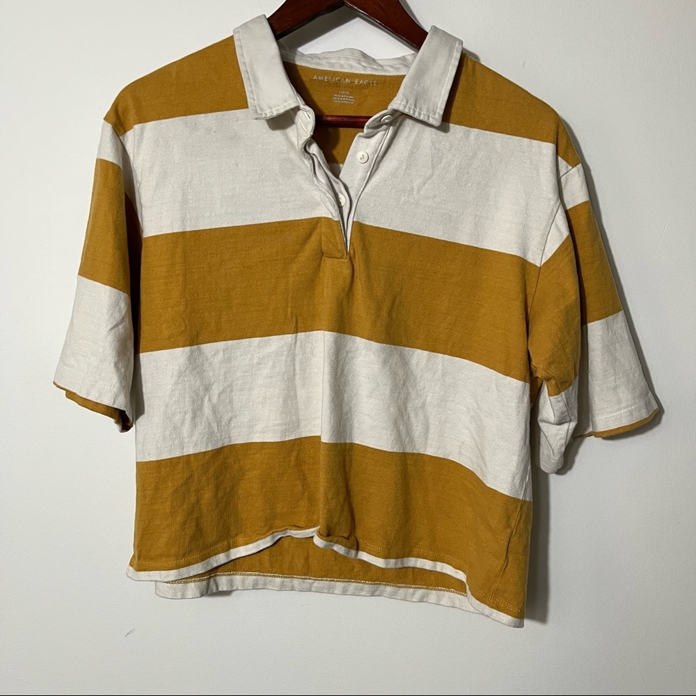 American Eagle Cropped Mustard White Rugby Style Shirt. Size Large